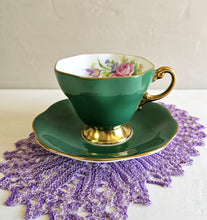 Load image into Gallery viewer, Aynsley “Cabbage Rose” Emerald Green Bone China Teacup and Saucer Set #42505