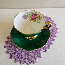 Load image into Gallery viewer, Aynsley “Cabbage Rose” Emerald Green Bone China Teacup and Saucer Set #42505