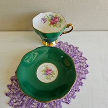 Load image into Gallery viewer, Aynsley “Cabbage Rose” Emerald Green Bone China Teacup and Saucer Set #42505