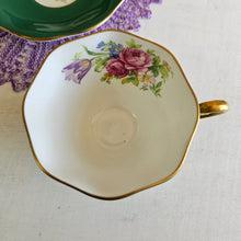 Load image into Gallery viewer, Aynsley “Cabbage Rose” Emerald Green Bone China Teacup and Saucer Set #42505
