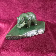 Load image into Gallery viewer, BC Nephrite Jade Bear Carving on Rough Edge Jade Stand 037