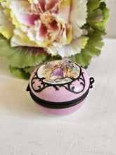 Load image into Gallery viewer, Limoges Style Romantic Couple with swan Round Hinged Trinket Box 42302