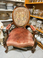 Load image into Gallery viewer, Victorian Carved Wood Armchair with Floral Needlepoint Upholstery #42408