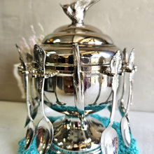 Load image into Gallery viewer, WM Rogers Bird Lid Sugar Bowl with 12 Hanging Spoons Silver Plated 020
