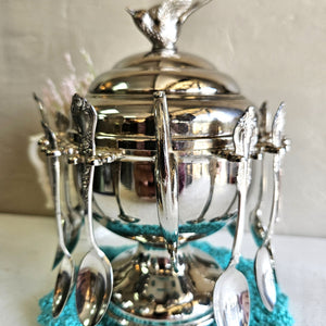 WM Rogers Bird Lid Sugar Bowl with 12 Hanging Spoons Silver Plated 020