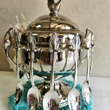 Load image into Gallery viewer, WM Rogers Bird Lid Sugar Bowl with 12 Hanging Spoons Silver Plated 020
