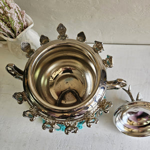 WM Rogers Bird Lid Sugar Bowl with 12 Hanging Spoons Silver Plated 020