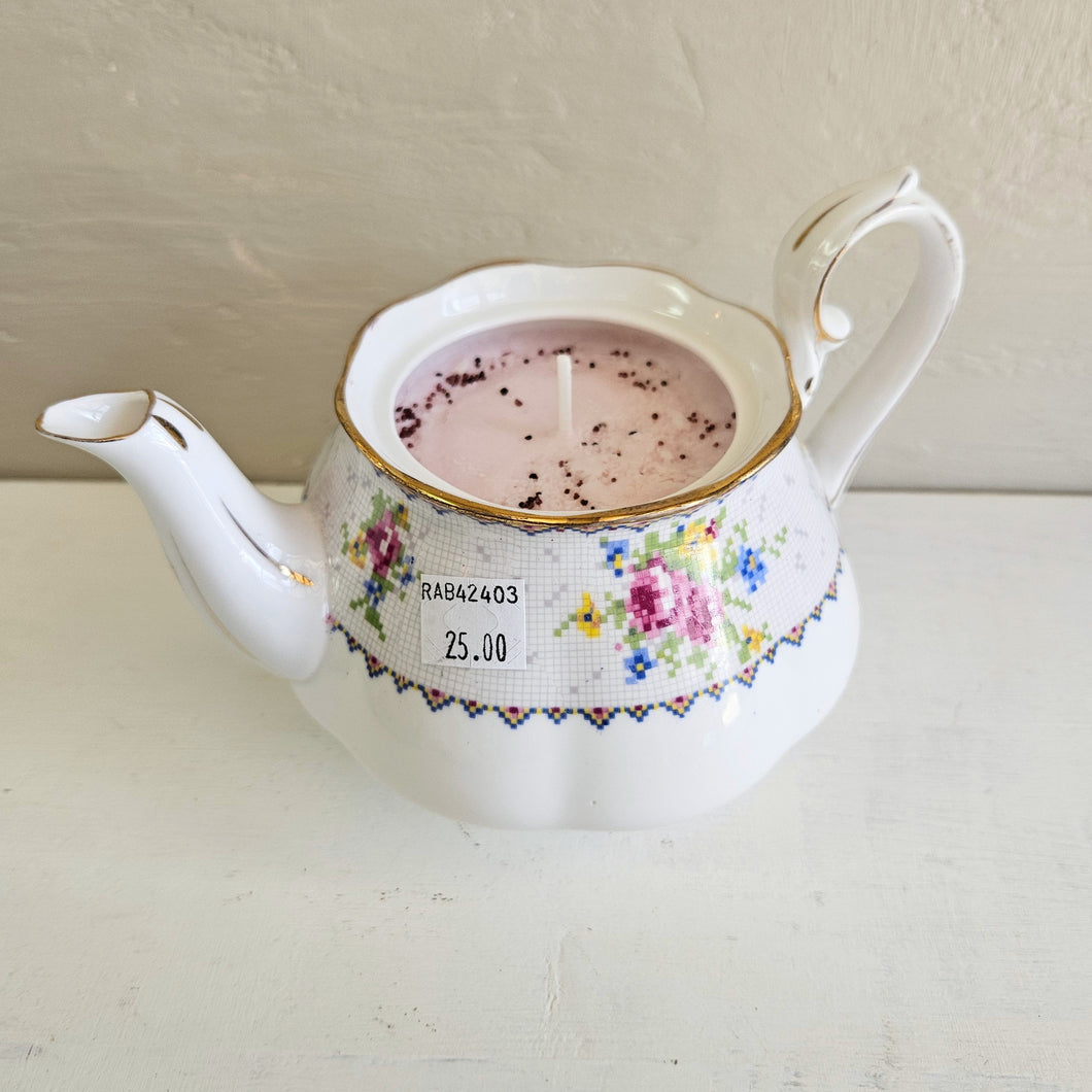Soy/Paraffin Wax Candle in Royal Albert Petit Point Teapot.