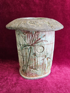 Signed Canadian Studio Art Pottery Bamboo Design Vase with Textured Rim 42403