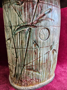 Signed Canadian Studio Art Pottery Bamboo Design Vase with Textured Rim 42403