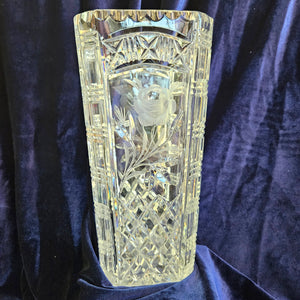 Heavy Cut Lead Crystal Vase – Roses Etching and Geometric Design 020