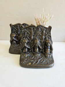 Pair of Vintage Brass Bookends Embossed Monkeys 42407