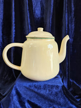 Load image into Gallery viewer, Cream Enamelware Teapot with Green Rim 023
