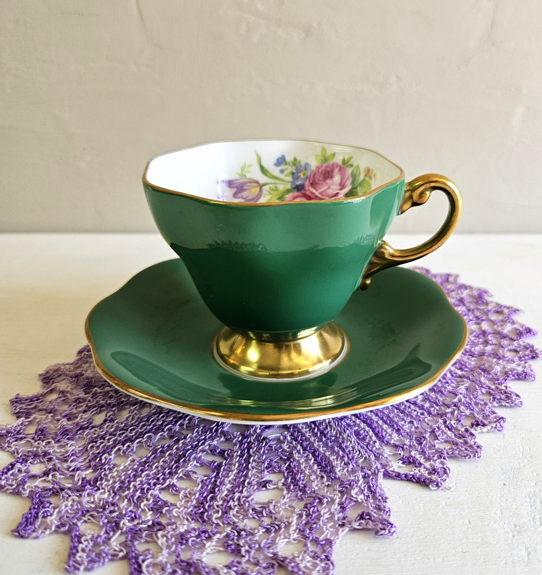 Aynsley “Cabbage Rose” Emerald Green Bone China Teacup and Saucer Set #42505