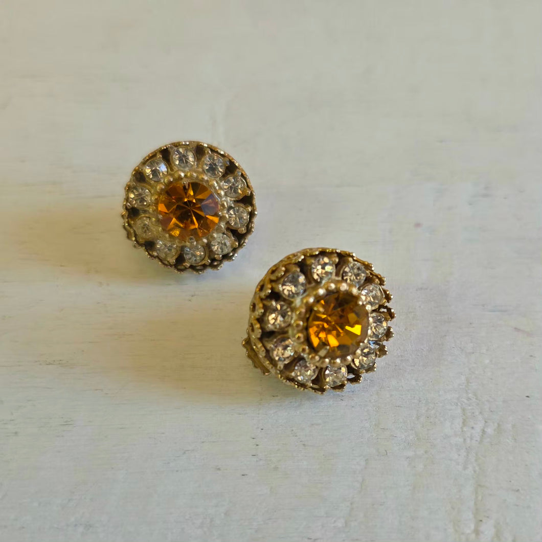 CORO Citrine Rhinestones Round Earrings Clip Ons 024001