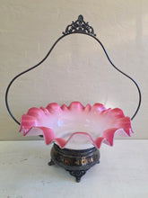 Load image into Gallery viewer, Antique Brides Basket Silverplate with Ruffled Cranberry Edging over White. 42510
