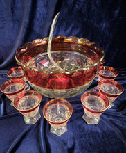 Load image into Gallery viewer, Indian Glass Kings Crown Ruby Cranberry Rim Punch Bowl Set 42508
