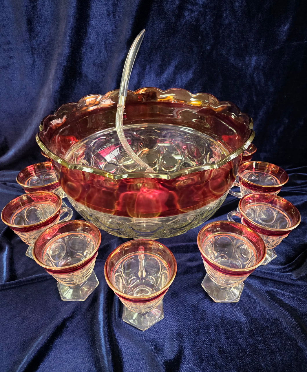 Indian Glass Kings Crown Ruby Cranberry Rim Punch Bowl Set 42508