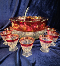 Load image into Gallery viewer, Indian Glass Kings Crown Ruby Cranberry Rim Punch Bowl Set 42508
