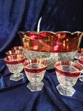 Load image into Gallery viewer, Indian Glass Kings Crown Ruby Cranberry Rim Punch Bowl Set 42508

