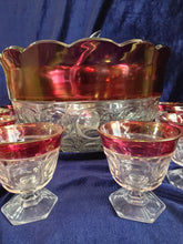 Load image into Gallery viewer, Indian Glass Kings Crown Ruby Cranberry Rim Punch Bowl Set 42508

