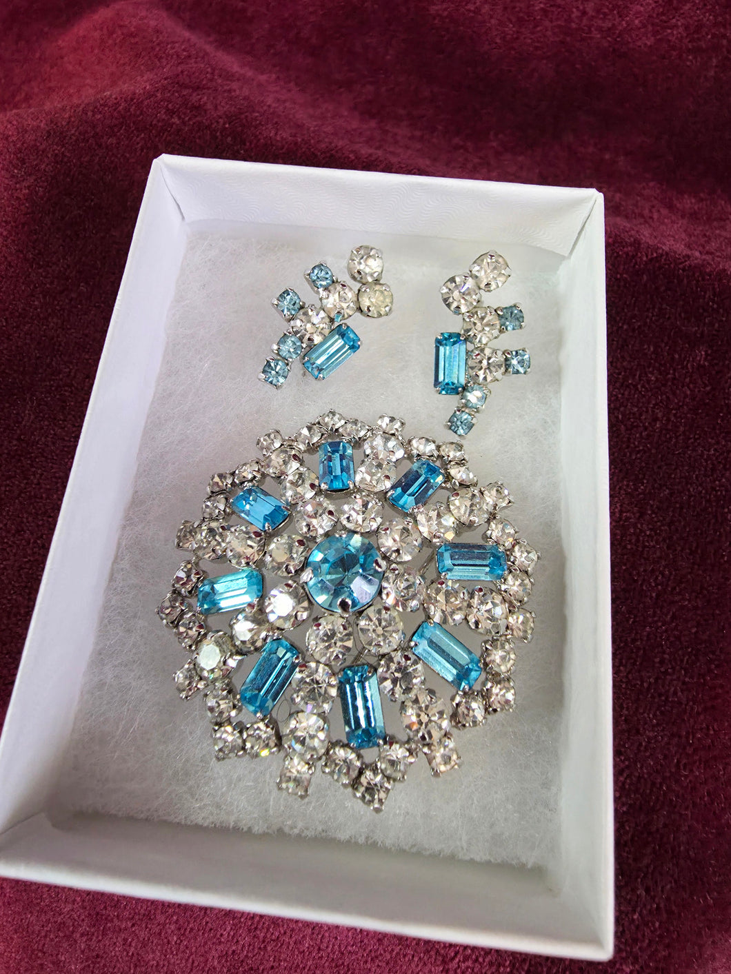 Jay Flex Sterling Blue and Clear Rhinestone Brooch and Earrings Set 42508