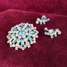 Load image into Gallery viewer, Jay Flex Sterling Blue and Clear Rhinestone Brooch and Earrings Set 42508
