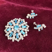 Load image into Gallery viewer, Jay Flex Sterling Blue and Clear Rhinestone Brooch and Earrings Set 42508
