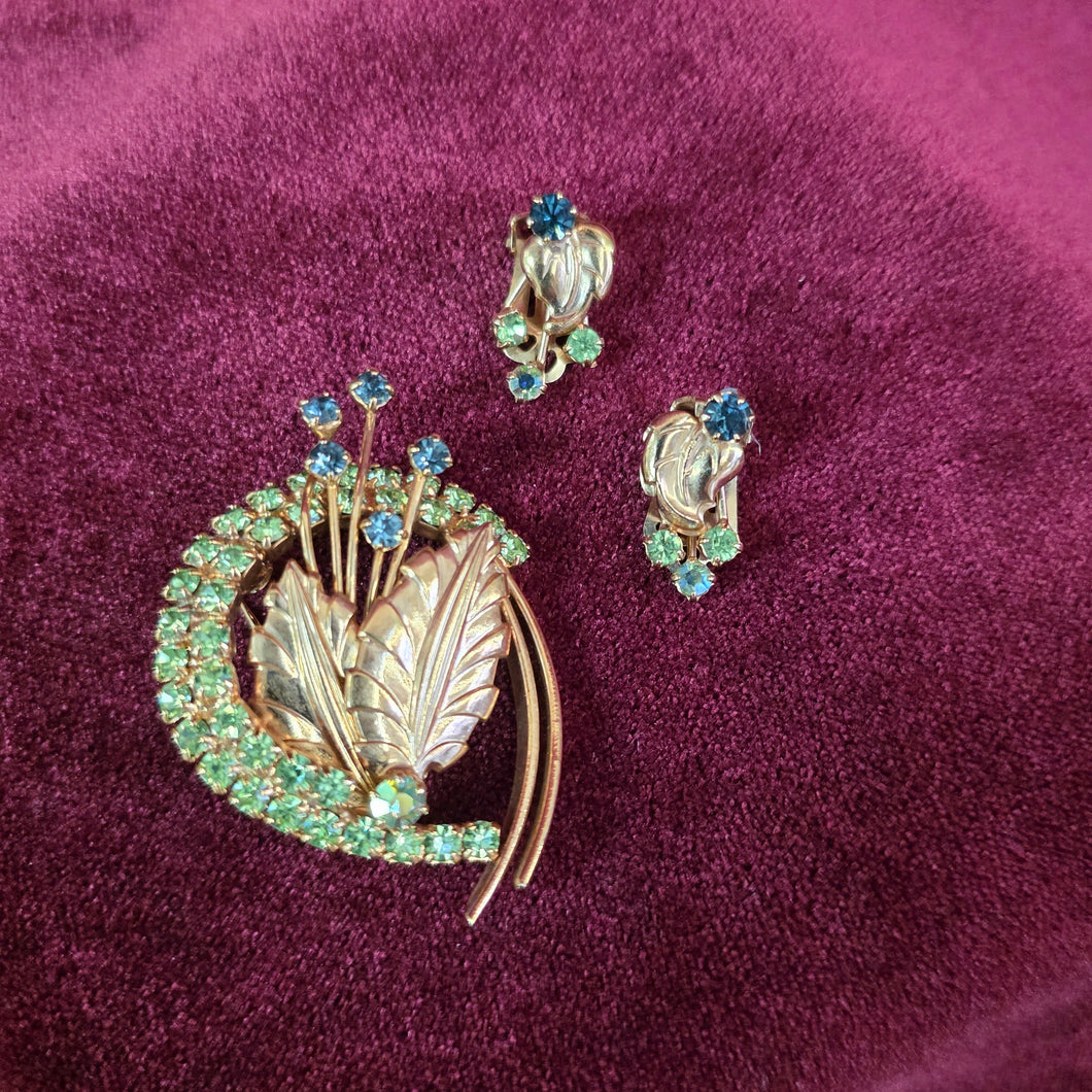 Green and Blue Rhinestone Gold-toned Brooch & Clip-on Earring Set 037