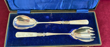 Load image into Gallery viewer, Antique Silver Plated Mother of Pearly Handle Serving Salad Set in Box 42512
