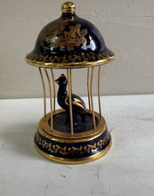 Load image into Gallery viewer, Miniature Cobalt and Gold Limoges Bird in Birdcage Figurine 42510
