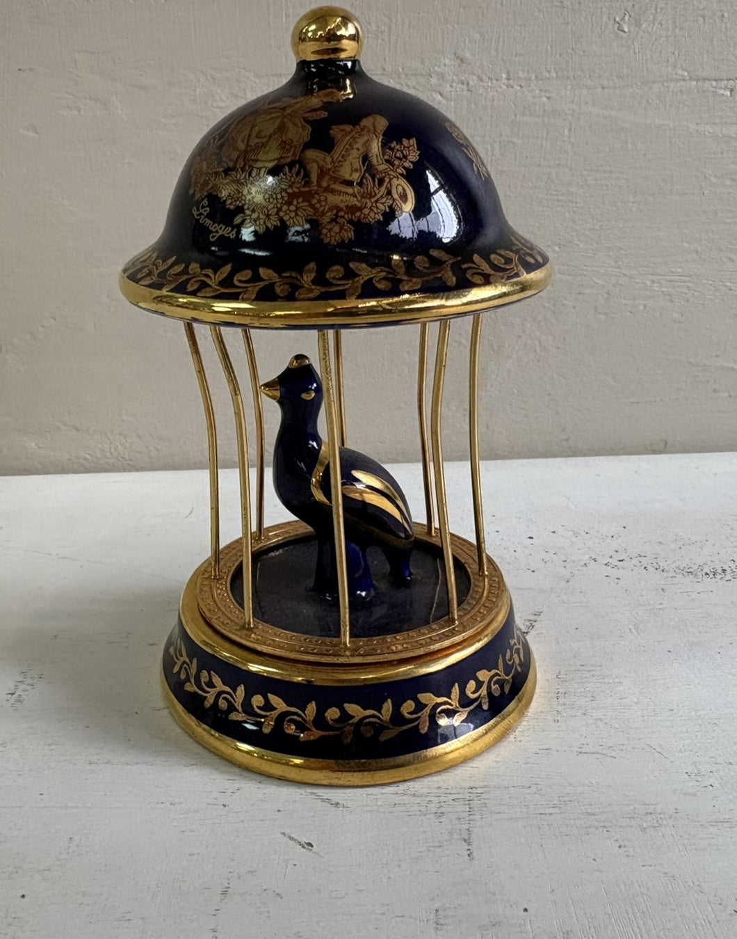 Miniature Cobalt and Gold Limoges Bird in Birdcage Figurine 42510
