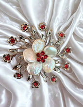 Load image into Gallery viewer, Silvertone Brooch with Red Rhinestones and Pearls 42603
