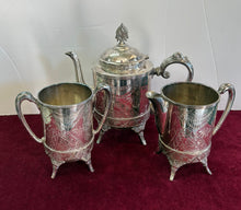 Load image into Gallery viewer, Antique Engraved 3-piece Silver Plated Tea Set 42604
