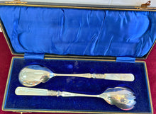 Load image into Gallery viewer, Antique Silver Plated Mother of Pearly Handle Serving Salad Set in Box 42512
