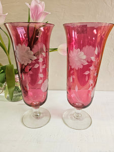 Vintage Cranberry Cornflower Etched Vase. 42406