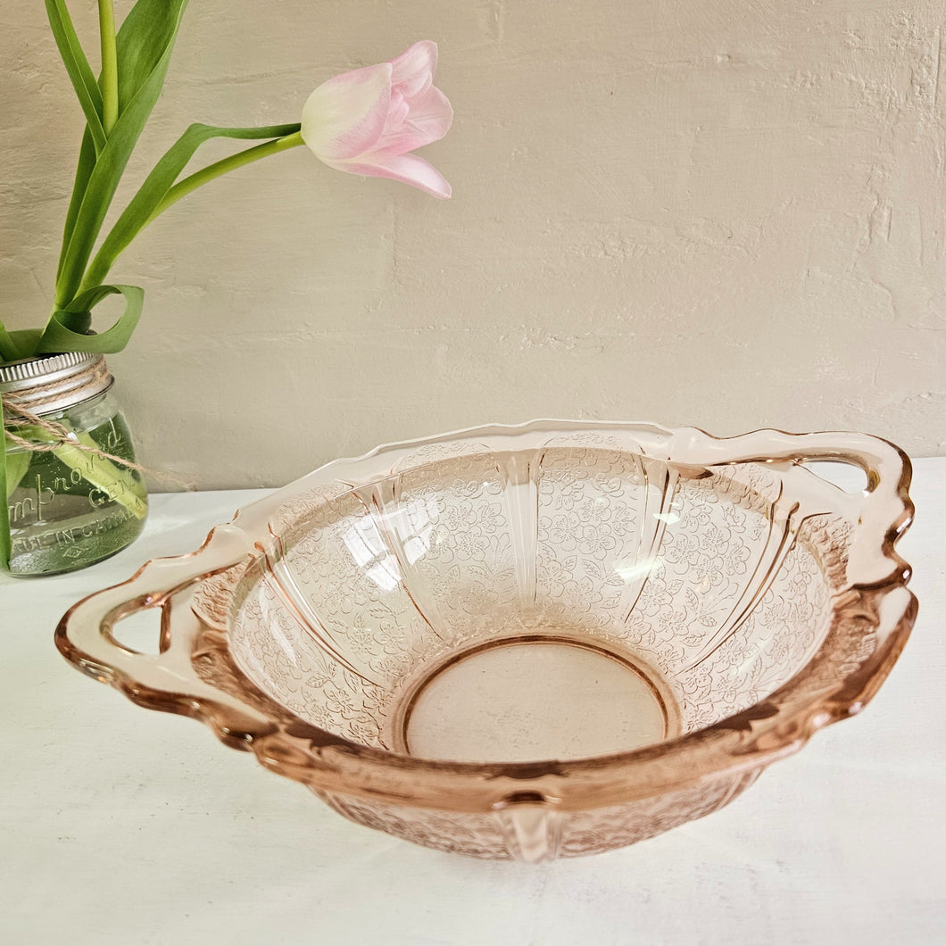 Jeannette Glass Cherry Blossom Two handled Round Depression Glass Bowl 967
