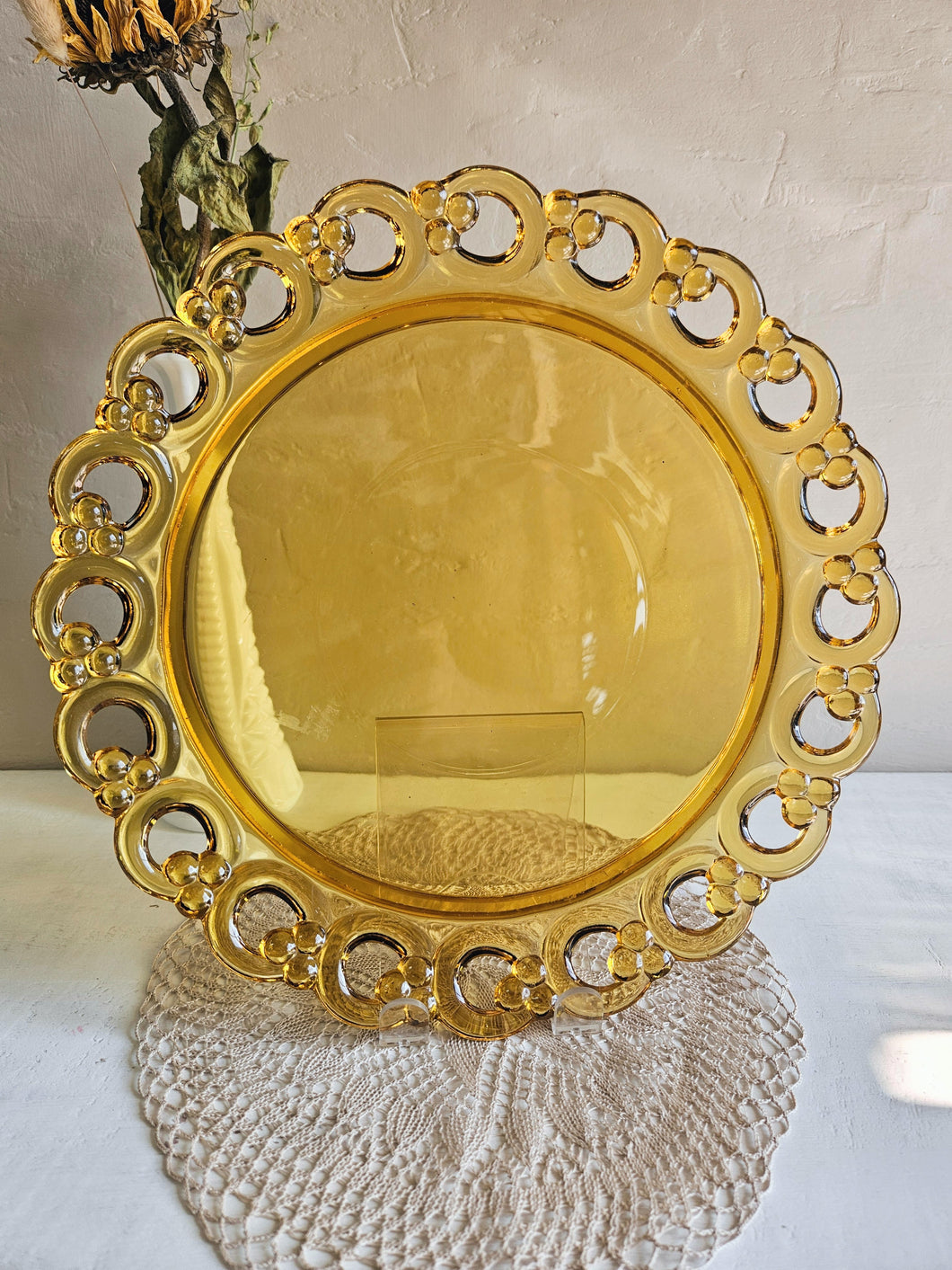 Josef Inwald Czech Dark Amber Glass Round ‘Lace’ Platter Plate #KFAS