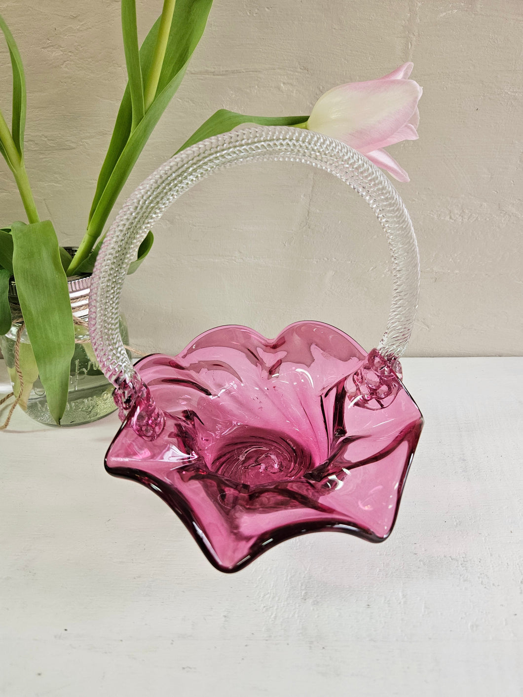 Vintage Cranberry Glass Basket 22 26