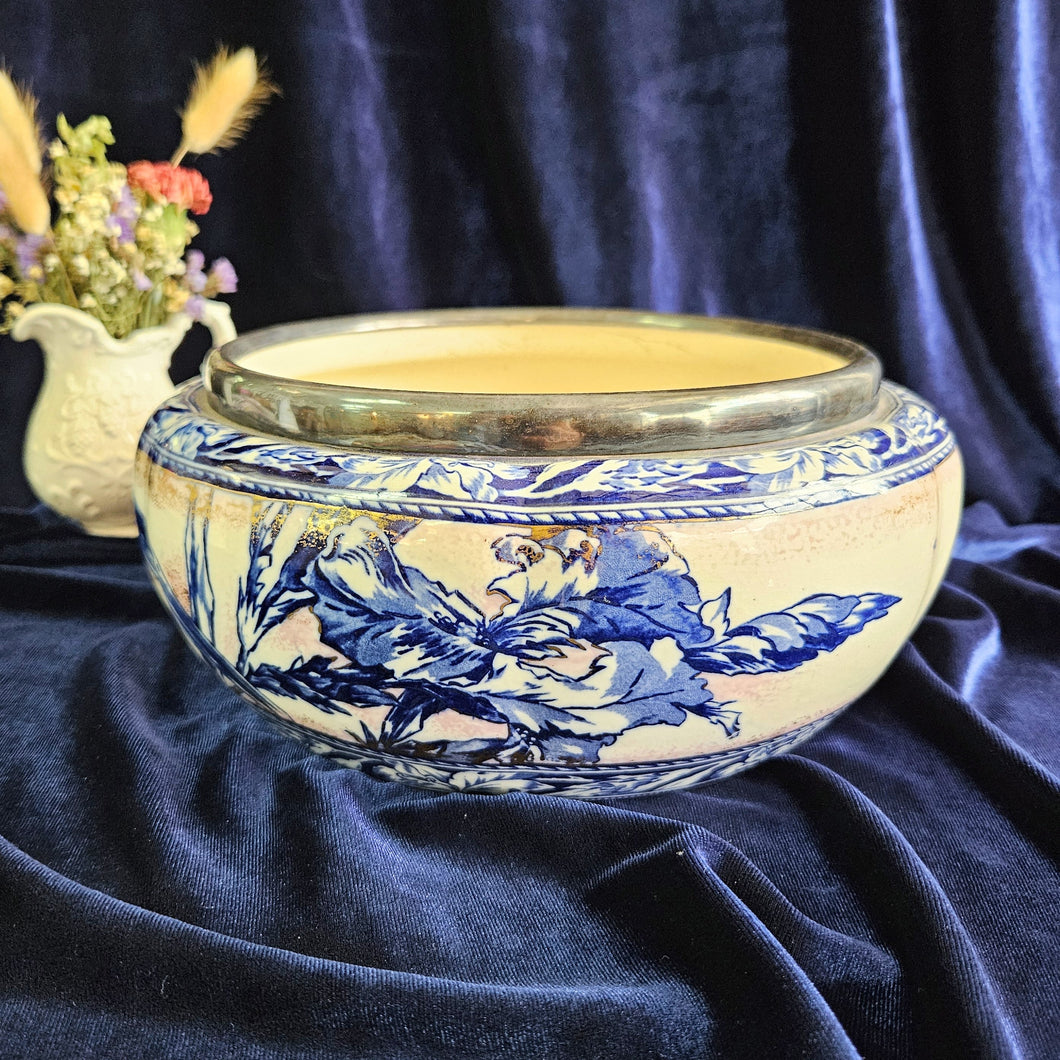 Antique Flow Blue Bowl with SilverPlate Rim 42403