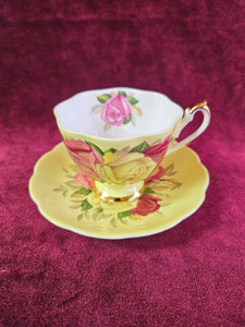 Yellow & Pink Rose Queen Anne Bone China Teacup & Saucer 42408