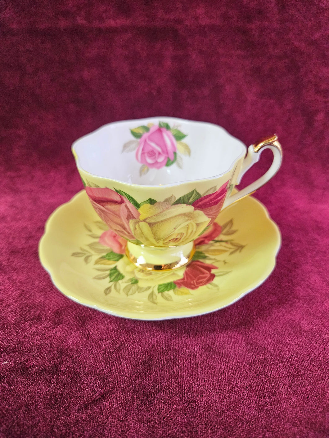 Yellow & Pink Rose Queen Anne Bone China Teacup & Saucer 42408
