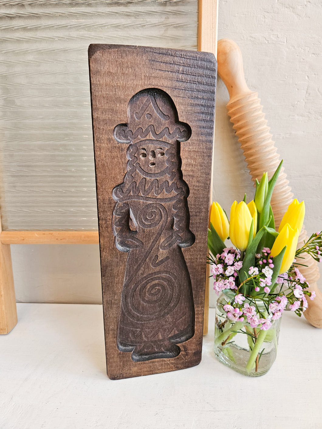 Large Wooden Lady Carved Cookie Press. 965