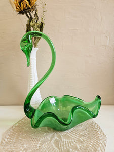 Mid Century Hand Blown Green Glass Swan Candy Dish #907