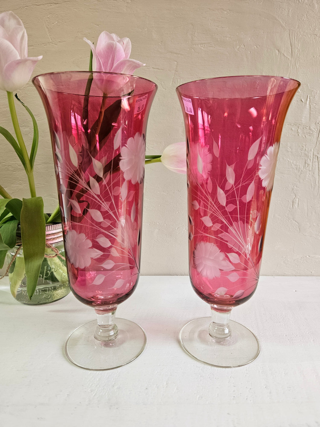 Vintage Cranberry Cornflower Etched Vase. 42406
