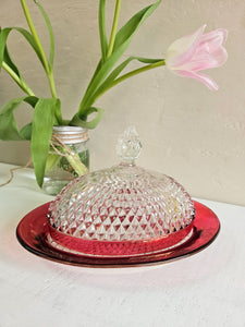 Indiana Glass Diamond Point Butter Dish with Cranberry Band 939