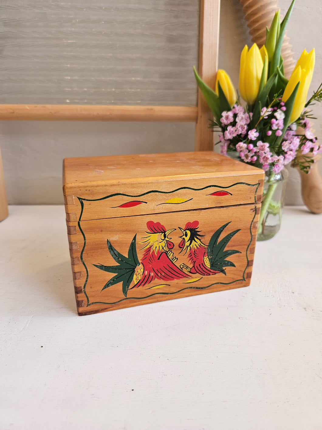 Vintage Wooden Rooster Recipe Box 24 48