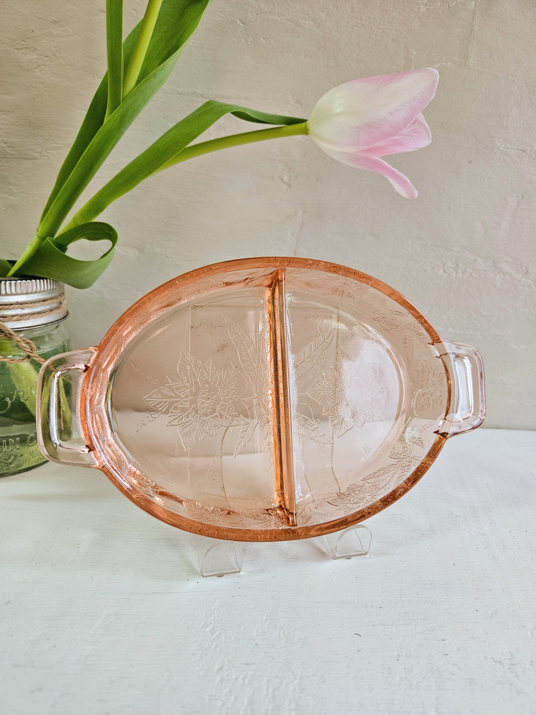 Jeannette Glass Floral Poinsettia Pink Depression Glass 2 Part Condiment Dish 24 35