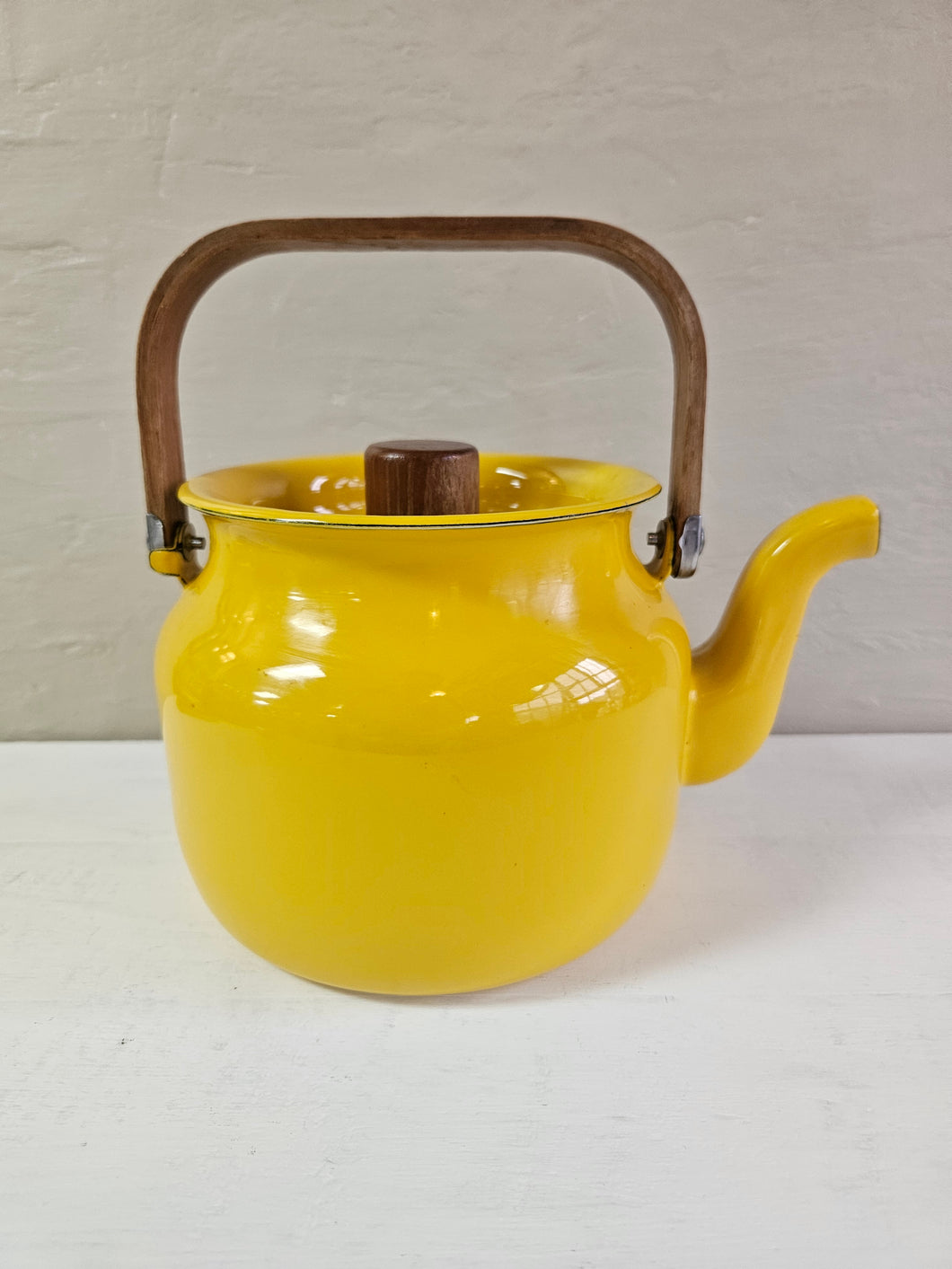 MCM Yellow Enamelware Teapot with Teak Handle 01