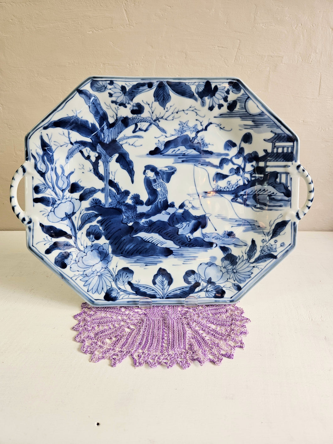 Blue & White Chinoiserie Porcelain Platter Serving Tray 24 52